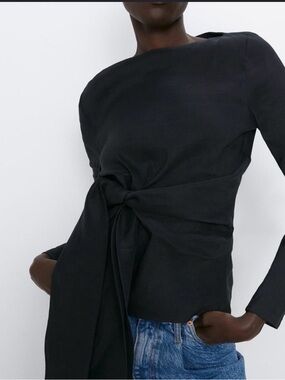Zara Linen Blend Wrap Tie Top Medium Black Long Sleeve Minimalist